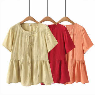 大码 休闲上衣胖mm设计感圆领盘扣压皱娃娃衫 2024夏装 新款 韩版 衬衫