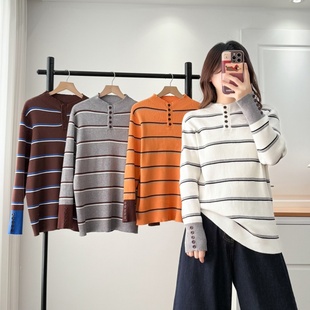 大码撞色条纹纽扣半高领针织衫冬装新款宽松显瘦百搭长袖毛衣上衣