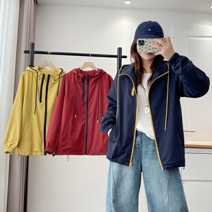 韩版 大码 新款 2025秋装 连帽撞色双拉链外套休闲夹克百搭冲锋衣 女装