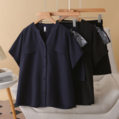 新款 丝巾短裤 大码 休闲套装 2025夏装 衬衫 女装 设计感V领单排扣短袖