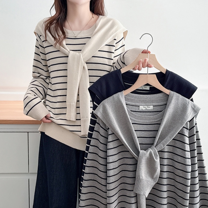 大码女装宽松休闲条纹披肩针织衫