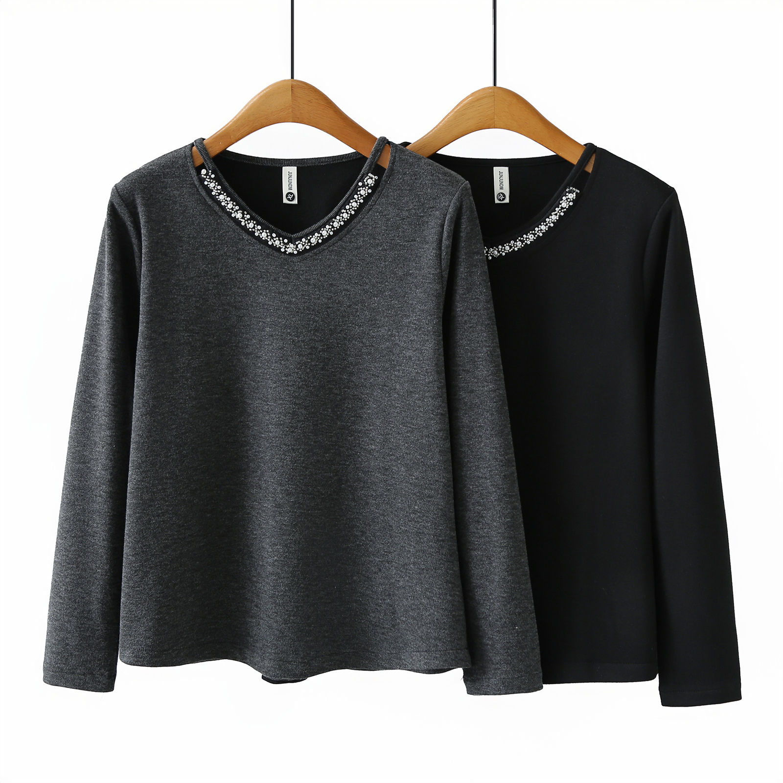 大码镂空V领钉珠长袖T恤女