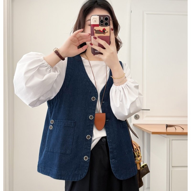 大码春季新款日系蓝牛仔马甲女V领纽扣开衫宽松叠穿外搭坎肩马夹,女装/女士精品,马夹,淘宝优惠券,粉丝福利购,淘宝优惠卷