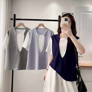 新款 显瘦半袖 假两件撞色拼接短袖 叠穿套头衫 上衣 T恤大码 2026夏季