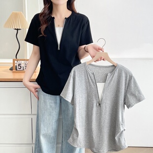 大码 设计感V领半拉链拼接收腰褶皱短袖 新款 套头衫 t恤 时尚 2025夏装