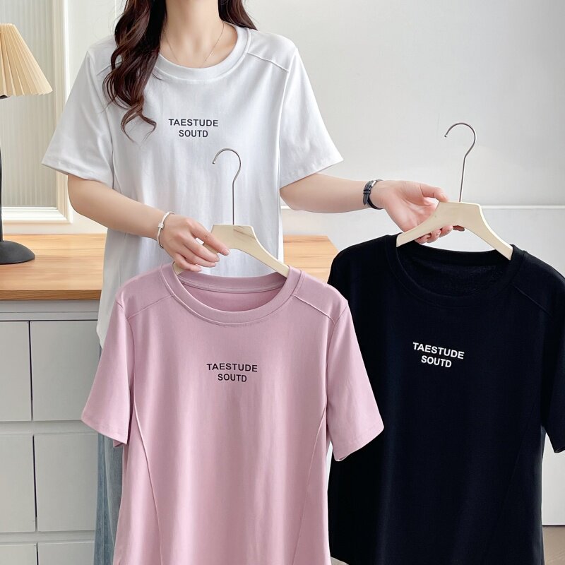 夏装韩版新款套头衫大码胖mm设计感圆领字母印花鱼骨正肩半袖体恤