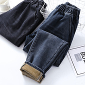 松紧腰一粒扣高弹力小脚加绒牛仔裤 2023冬季 大码 哈伦裤 女装 新款