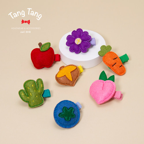 Tangtang女童可爱羊毛毡水果发夹宝宝边夹发饰全包布女童刘海夹子