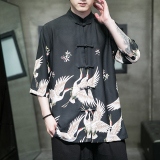 2023风男装仙鹤印花唐装汉服五分短袖衬衫衬衣C229/Y976/P70，男装衬衫，电商C229