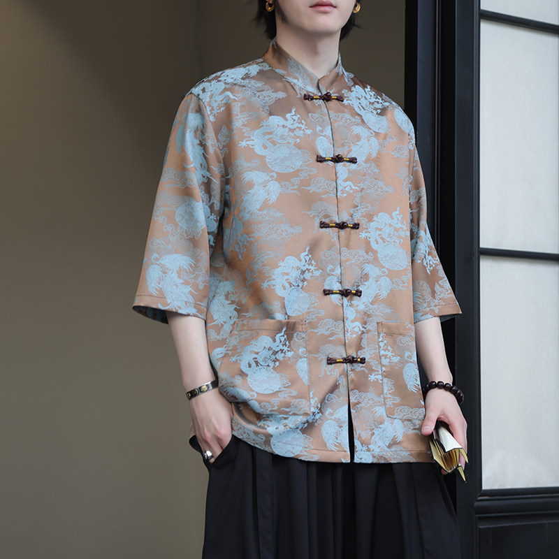 2024夏风男装提花唐装汉服五分袖短袖衬衫衬衣C229-Y1032-P70,男装衬衫,电商C229