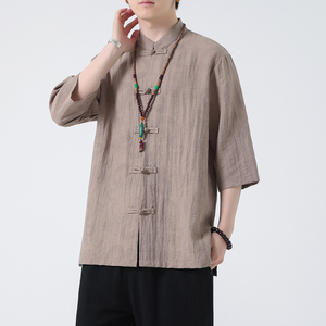 2024夏风男装盘扣唐装汉服短袖五分袖衬衫衬衣C229-Y1018-P65图片