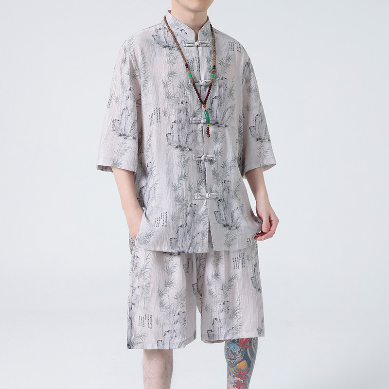 2024春夏风男装中式冰丝唐装汉服套装两件套C229-TZ361-P100,男装休闲套装,电商C229
