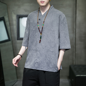 2024夏季风男装棉麻亚麻唐装汉服短袖五分袖T恤C229/T203/P55图片