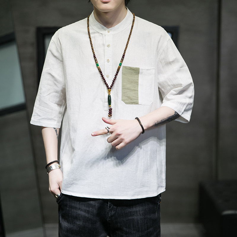 2024夏季风男装棉麻亚麻短袖五分袖T恤男上衣C229/T172/P50,男装T恤,电商C229
