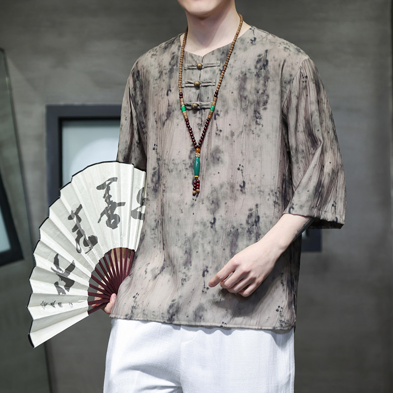 2024春夏风男装冰丝盘扣唐装汉服短袖五分袖T恤C229-T212-P60,男装T恤,电商C229
