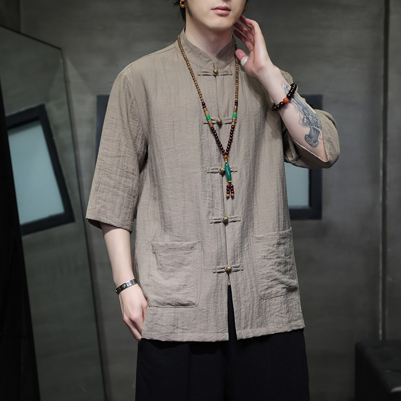 2024春风男装提花唐装汉服短袖五分袖衬衫衬衣C229-Y1018-P65,男装衬衫,电商C229