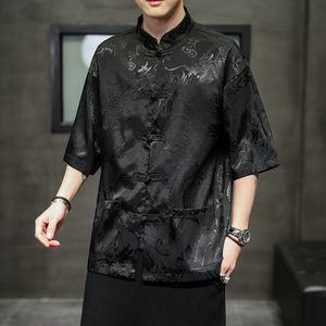 风男装冰丝唐装汉服短袖五分袖复古衬衫衬衣C229/Y620/P50图片