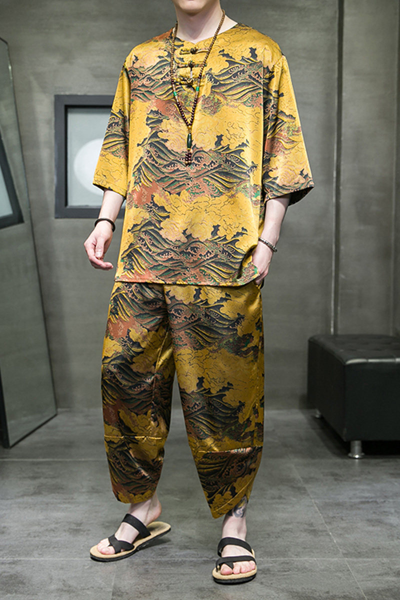2023风男装复古中式印花唐装汉服套装两件套C229/TZ356/P100,男装休闲套装,电商C229
