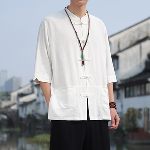 2024夏风男装亚麻唐装汉服短袖五分袖衬衫衬衣C229/Y604/P55图片