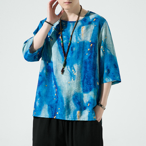 2024春夏新款风男装棉麻亚麻唐装汉服五分袖T恤C229/T194/P55图片