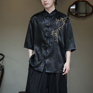 2024夏风男装绣花唐装汉服短袖五分袖衬衫衬衣C229-Y1016-P65图片