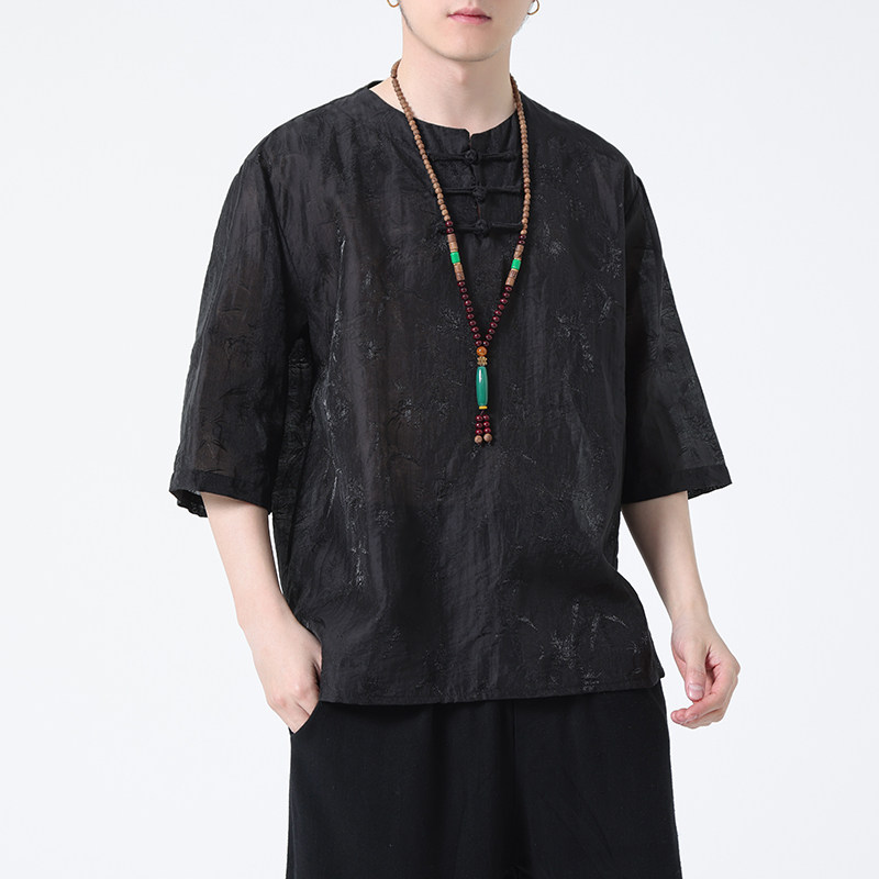 2024春夏风男装冰丝中式盘扣唐装汉服短袖体恤C229-T210-P60,男装T恤,电商C229