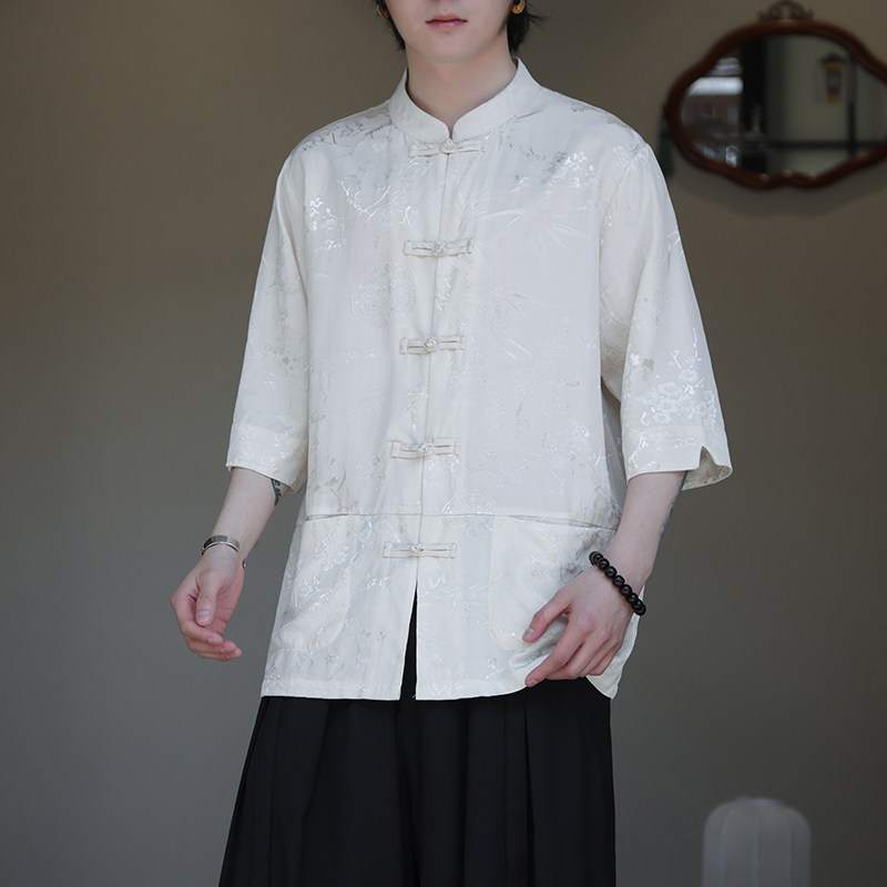 2024夏季风男装冰丝唐装汉服提花短袖衬衫衬衣C229-Y1036-P70,男装衬衫,电商C229