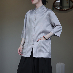 2024夏季风男装冰丝唐装汉服短袖五分袖衬衫C229-Y1029-P70图片