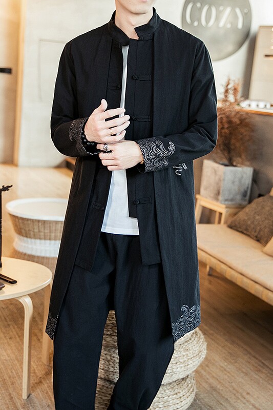 2024秋冬风男装棉麻亚麻印花唐装汉服中长款风衣C229/F35/P90,男装民族服装,电商C229