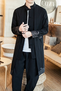 2024秋冬风男装棉麻亚麻印花唐装汉服中长款风衣C229/F35/P90图片