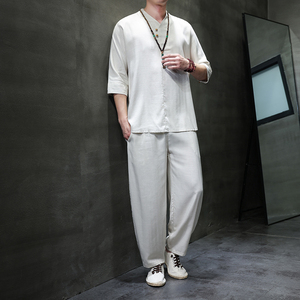 2025夏风男装棉麻亚麻唐装短袖套装两件套C229-TZ367-P100图片