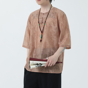 2024夏季风男装盘扣棉麻亚麻唐装汉服短袖T恤C229-T216-P60图片