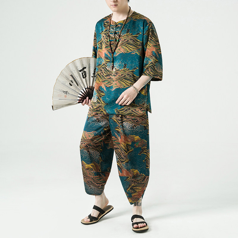 2024夏季风男装冰丝复古唐装汉服套装两件套C229/TZ356/P100,男装休闲套装,电商C229