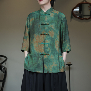 2024夏风男装印花唐装汉服短袖五分袖衬衫衬衣C229-Y1004-P70图片