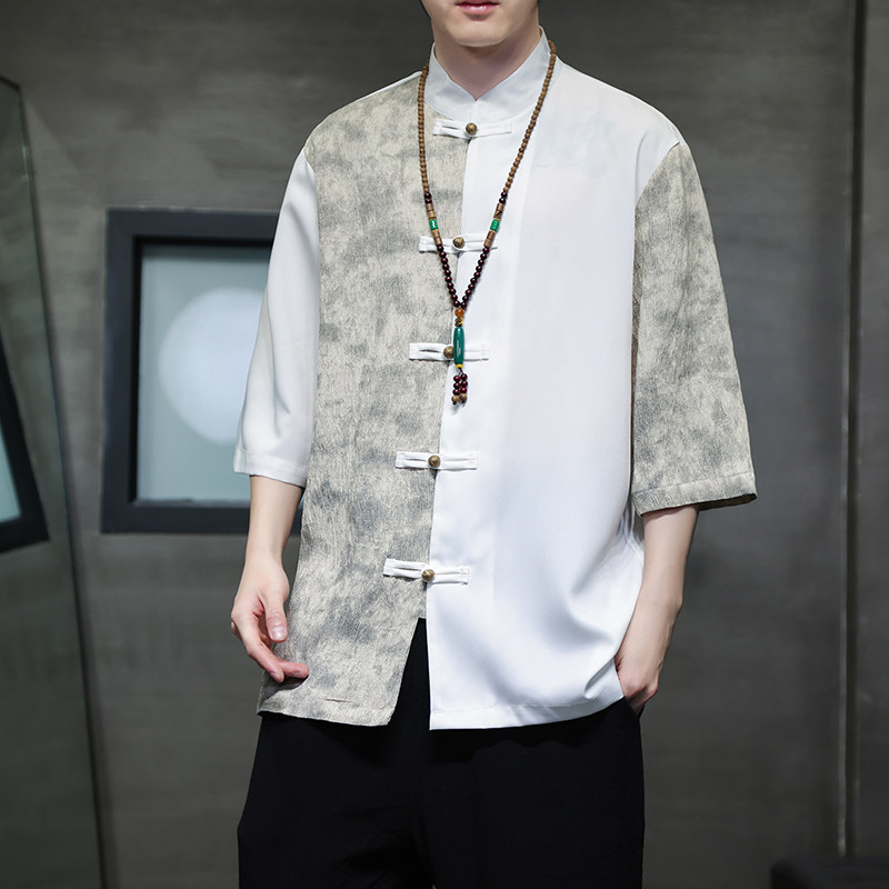 2024春夏风男装冰丝撞色唐装汉服五分袖衬衫C229-Y904-P65,男装衬衫,电商C229