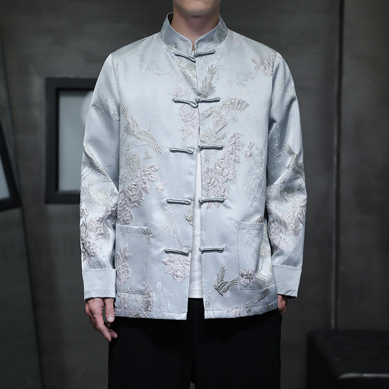 立领男提花收口袖春季中国风夹克外套上衣中山装男士男士长袖休闲,男装夹克,电商C229