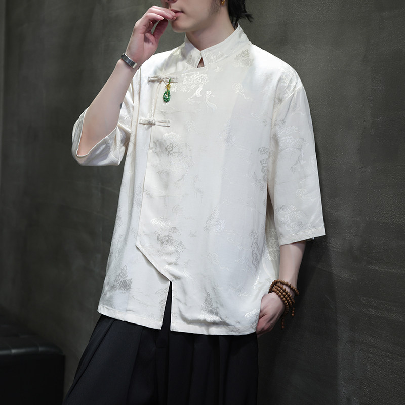 2024夏季风男装冰丝唐装短袖五分袖衬衫衬衣C229-Y1034-P80,男装衬衫,电商C229