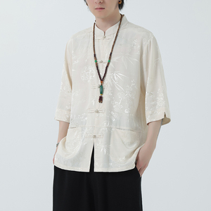 2024夏风男装冰丝唐装汉服短袖五分袖衬衫衬衣C229-Y1022-P70,男士黑白格长袖衬衫搭配毛衣图片