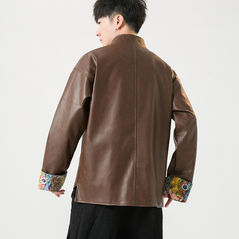 2024冬风男装复古中式唐装汉服pu仿皮夹克外套C229/Y796/P125,男装皮衣,电商C229