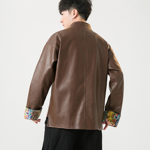 2024冬风男装复古中式唐装汉服pu仿皮夹克外套C229/Y796/P125图片