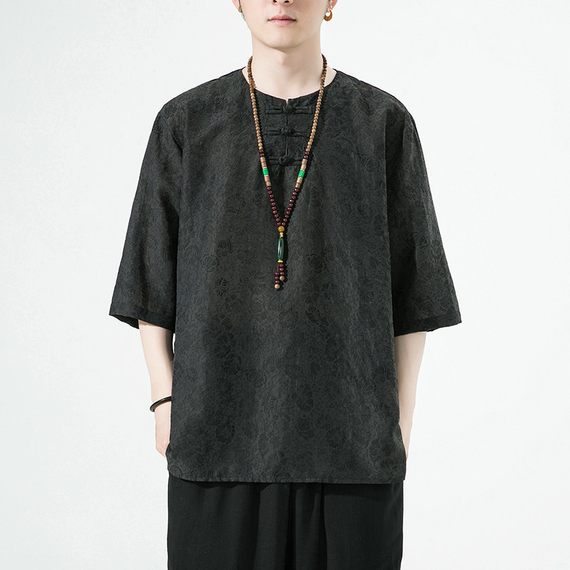 2024春夏风男装棉麻唐装汉服白底五分袖短袖T恤C229/T201/P65,男装T恤,电商C229