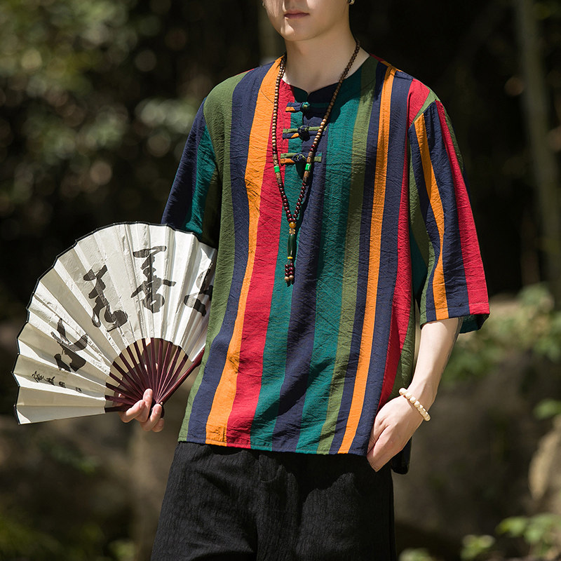 2024夏季风男装条纹唐装中式汉服短袖五分袖T恤C229/T173/P50图片