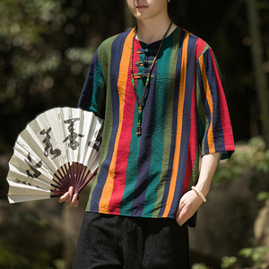 2024夏季风男装条纹唐装中式汉服短袖五分袖T恤C229/T173/P50图片