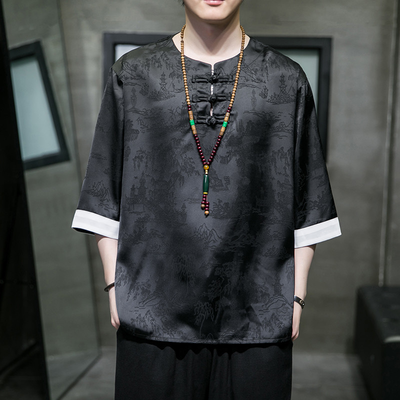 2024春夏风男装冰丝唐装汉服短袖五分袖T恤大码C229/T195/P55图片