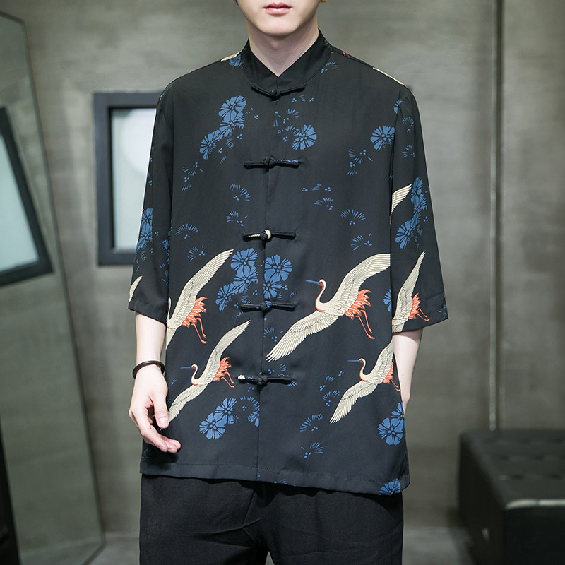 2023夏风男装仙鹤唐装汉服五分袖短袖衬衫衬衣C229/Y976/P70图片