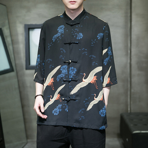 2023夏风男装仙鹤唐装汉服五分袖短袖衬衫衬衣C229/Y976/P70图片