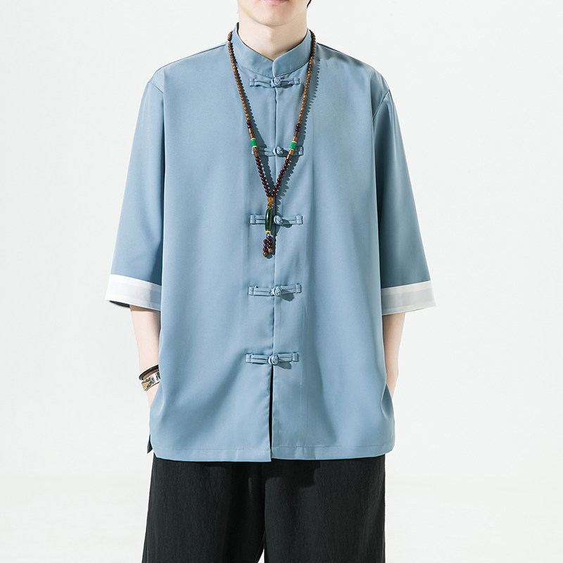 2023夏款风男装冰丝唐装汉服白底五分袖衬衫男C229/Y677/P60图片