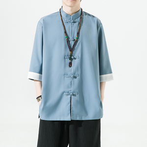 2023夏款风男装冰丝唐装汉服白底五分袖衬衫男C229/Y677/P60图片