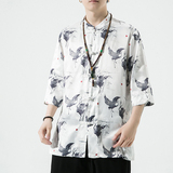 风男装冰丝印花唐装汉服短袖五分袖衬衫衬衣C229/Y735/P60，男装衬衫，电商C229