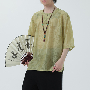 2024夏季风男装盘扣棉麻亚麻唐装汉服短袖T恤C229-T216-P60图片